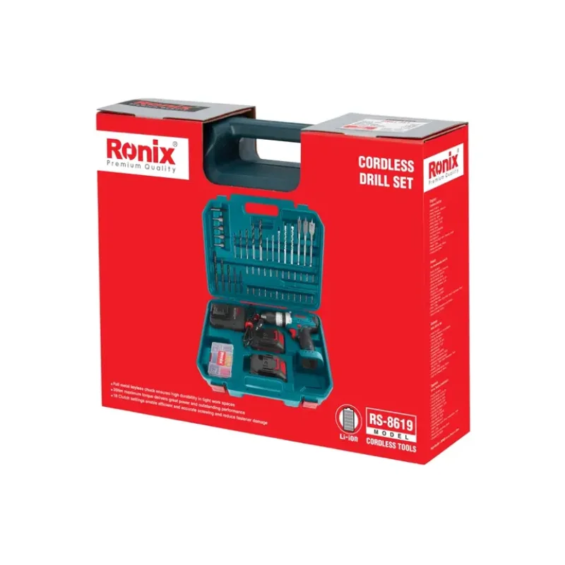 کیت دریل چکشی شارژی رونیکس ۲۰ ولت ۵۳ پارچه مدل RS-۸۶۱۹ - تصویر 4